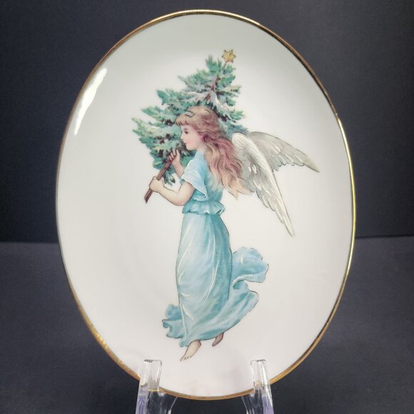 Vintage Porcelain Oval Christmas Angel Decorative Plate 9'' Gold Rimmed - Picture 2 of 7